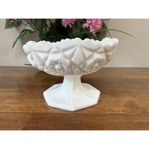 Vintage Milk Glass Pedestal Compote Bowl Geometric Starburst Wedding Dish